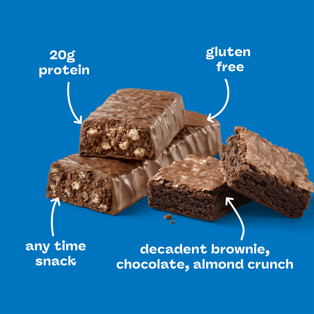 Chocolate protein bars on a blue background with annotations highlighting features: 20g protein, gluten-free, any-time snack, and decadent brownie, chocolate, almond crunch.