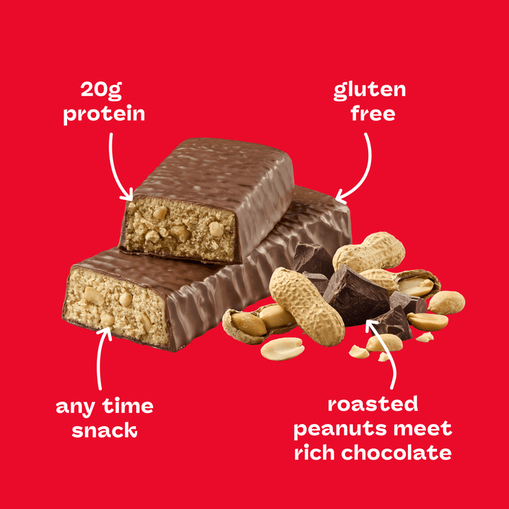 Chocolate protein bars with peanuts, labeled "20g protein," "gluten free," and "anytime snack," on a red background. Peanuts and chocolate chunks shown.